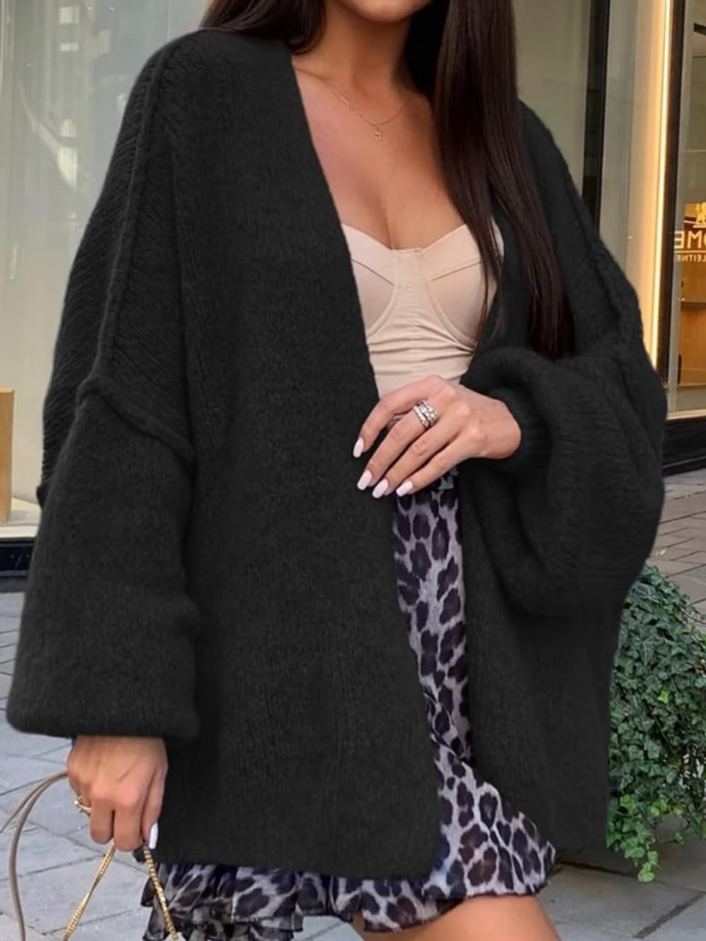 Cardigan Sweater Long Lantern Sleeve Knit Open Front Oversized Size Medium NWT